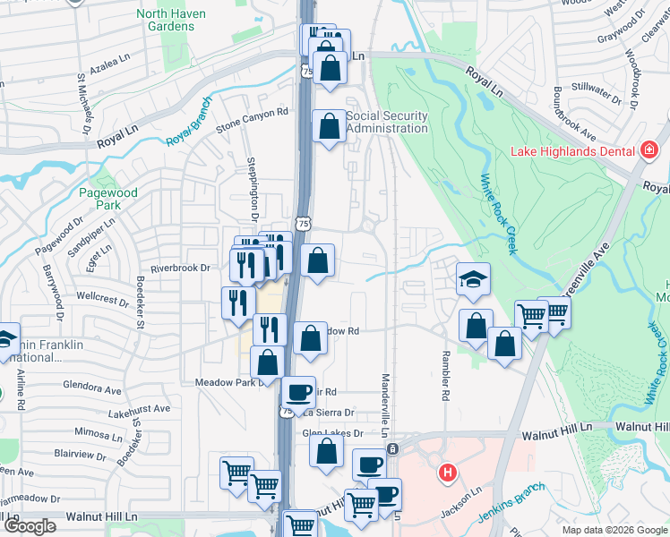 map of restaurants, bars, coffee shops, grocery stores, and more near 10550 North Central Expressway in Dallas