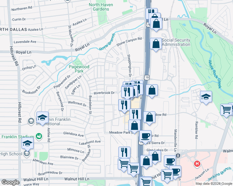 map of restaurants, bars, coffee shops, grocery stores, and more near 10439 High Hollows Drive in Dallas