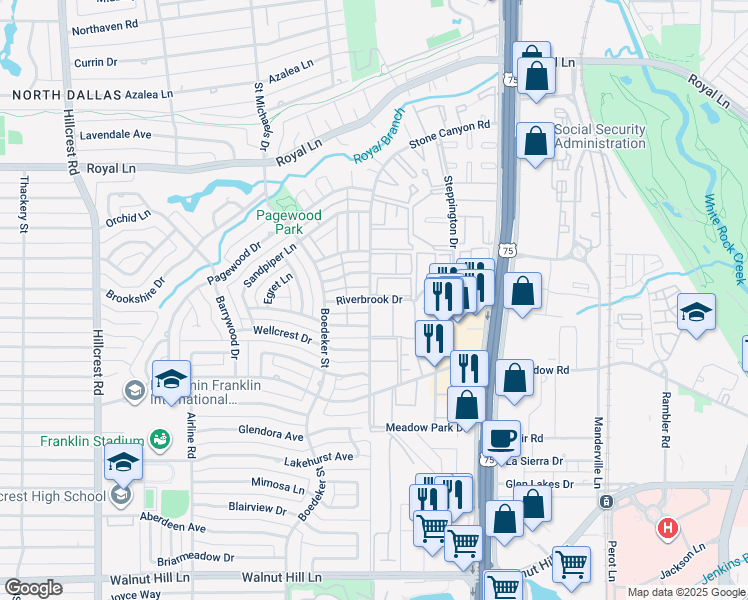 map of restaurants, bars, coffee shops, grocery stores, and more near 7618 Pebblestone Drive in Dallas