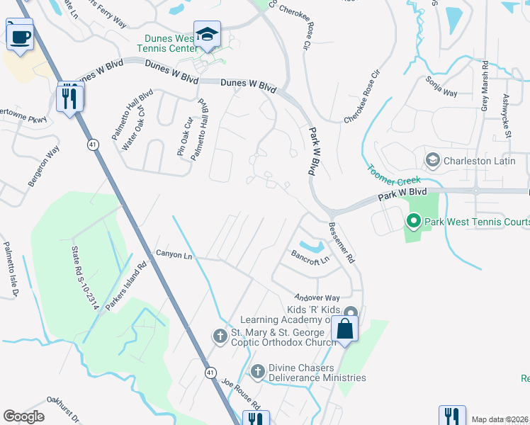 map of restaurants, bars, coffee shops, grocery stores, and more near 3041 Nye View Circle in Mount Pleasant