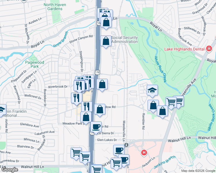 map of restaurants, bars, coffee shops, grocery stores, and more near 10550 North Central Expressway in Dallas
