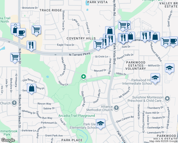 map of restaurants, bars, coffee shops, grocery stores, and more near 5101 Merced Drive in Fort Worth