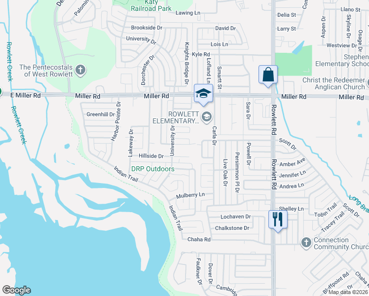 map of restaurants, bars, coffee shops, grocery stores, and more near 2405 Elmhurst Court in Rowlett