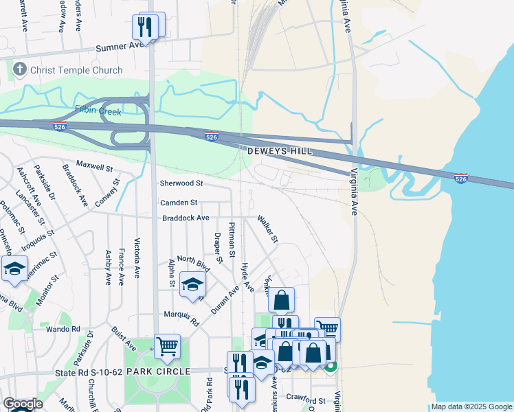 map of restaurants, bars, coffee shops, grocery stores, and more near 5126 Hyde Park Village Lane in North Charleston