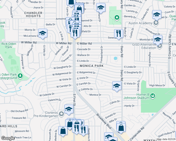 map of restaurants, bars, coffee shops, grocery stores, and more near 222 East Daugherty Drive in Garland