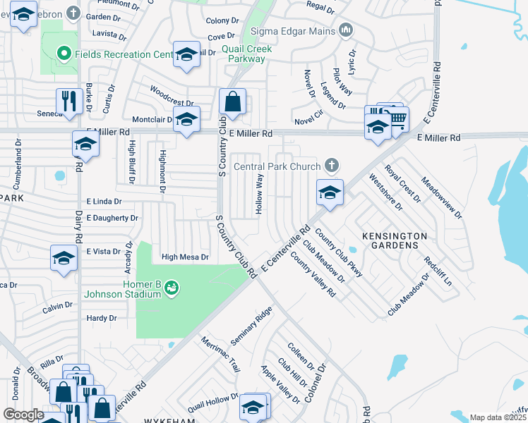 map of restaurants, bars, coffee shops, grocery stores, and more near 2405 Country Valley Road in Garland