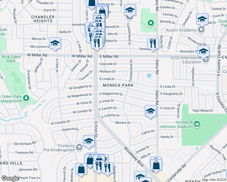 map of restaurants, bars, coffee shops, grocery stores, and more near 222 East Daugherty Drive in Garland