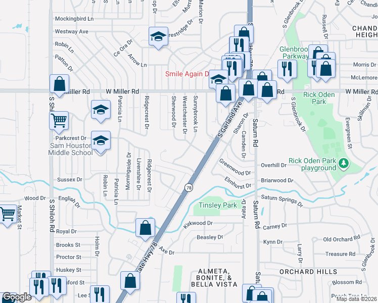 map of restaurants, bars, coffee shops, grocery stores, and more near 2101 Sunnybrook Lane in Garland