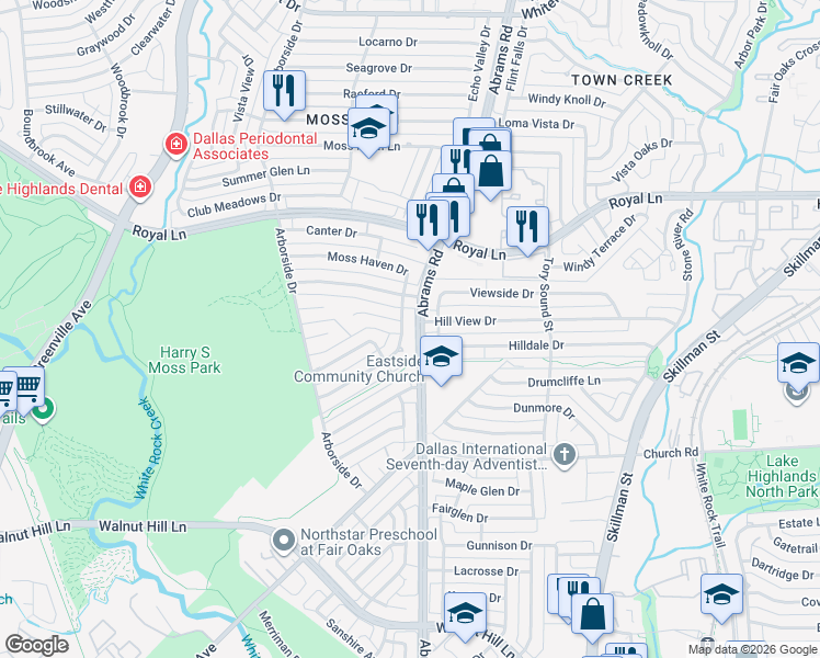 map of restaurants, bars, coffee shops, grocery stores, and more near 9327 Timberhollow Circle in Dallas
