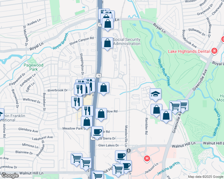 map of restaurants, bars, coffee shops, grocery stores, and more near 10550 North Central Expressway in Dallas
