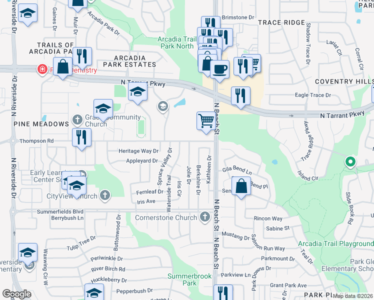 map of restaurants, bars, coffee shops, grocery stores, and more near 4421 Berkshire Drive East in Fort Worth