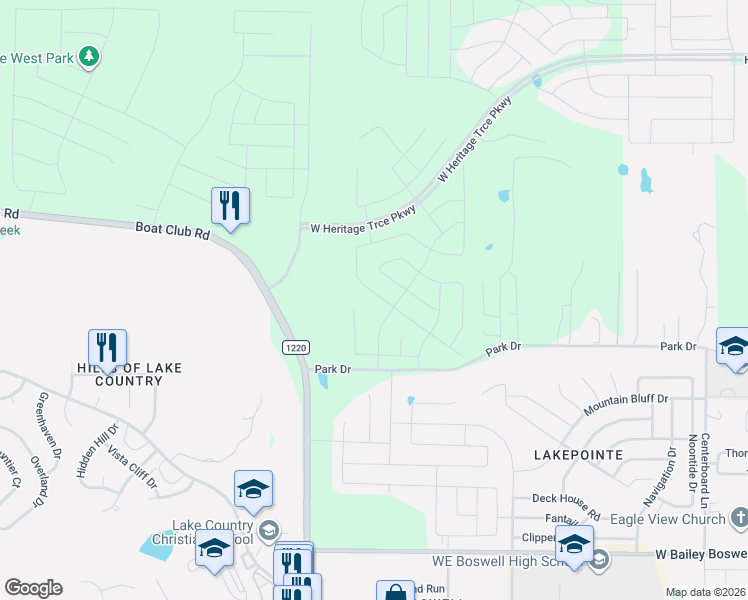 map of restaurants, bars, coffee shops, grocery stores, and more near 9700 Park Drive in Fort Worth