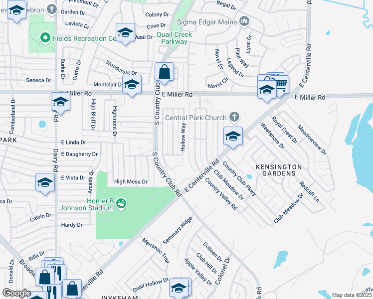 map of restaurants, bars, coffee shops, grocery stores, and more near 2405 Country Valley Road in Garland