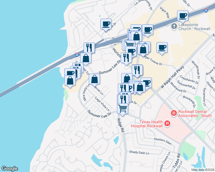 map of restaurants, bars, coffee shops, grocery stores, and more near 1523 Parkside Circle in Rockwall