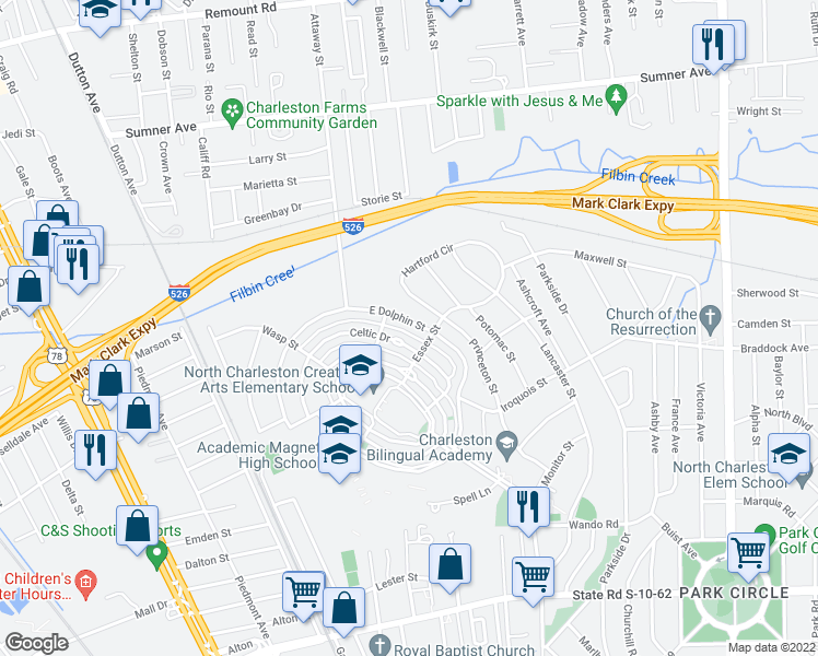map of restaurants, bars, coffee shops, grocery stores, and more near 5272 East Dolphin Street in North Charleston