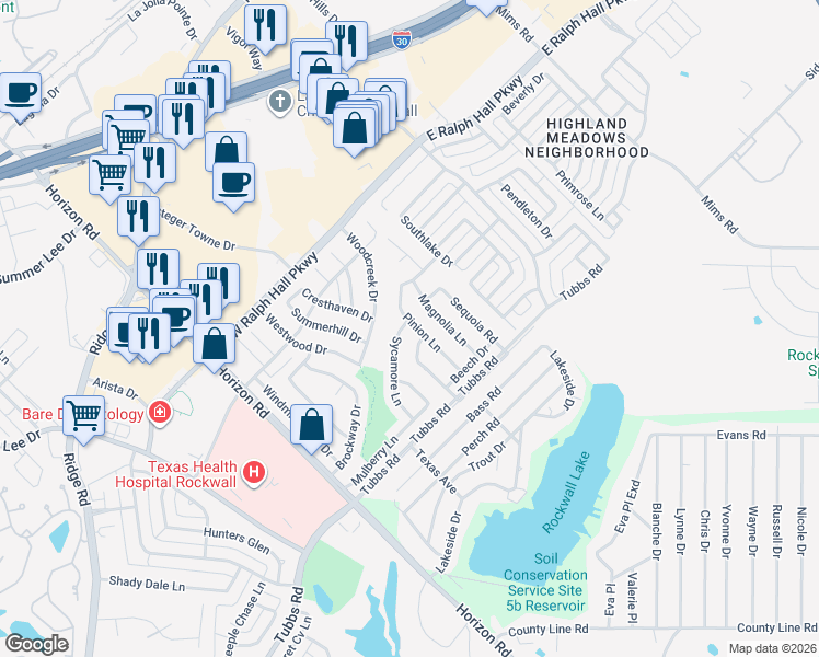 map of restaurants, bars, coffee shops, grocery stores, and more near 3690 Sycamore Lane in Rockwall