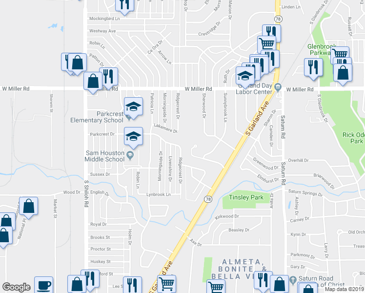 map of restaurants, bars, coffee shops, grocery stores, and more near 2402 Ridgecrest Drive in Garland