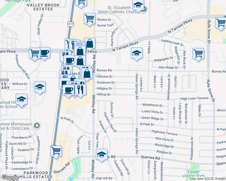 map of restaurants, bars, coffee shops, grocery stores, and more near 5952 Hillglen Drive in Watauga
