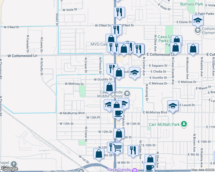 map of restaurants, bars, coffee shops, grocery stores, and more near 1451 North Pinal Avenue in Casa Grande