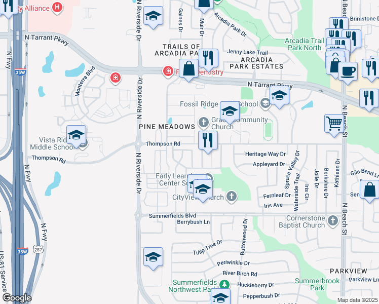 map of restaurants, bars, coffee shops, grocery stores, and more near 8125 East Summer Trail Drive in Fort Worth