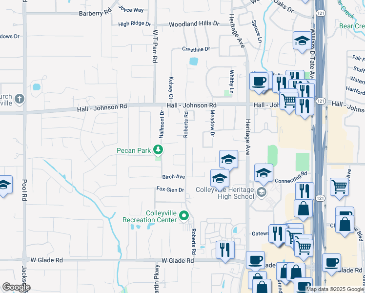 map of restaurants, bars, coffee shops, grocery stores, and more near 3229 Meredith Lane in Grapevine