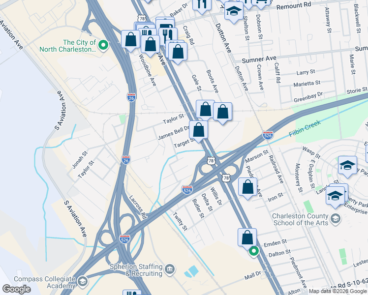 map of restaurants, bars, coffee shops, grocery stores, and more near 2136 Target Street in North Charleston