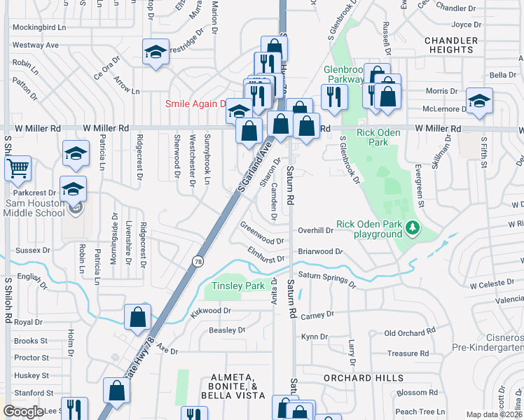 map of restaurants, bars, coffee shops, grocery stores, and more near 2129 Camden Drive in Garland