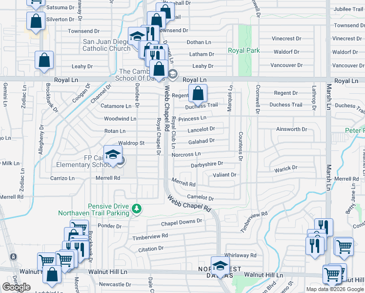 map of restaurants, bars, coffee shops, grocery stores, and more near 3234-3240 Galahad Drive in Dallas