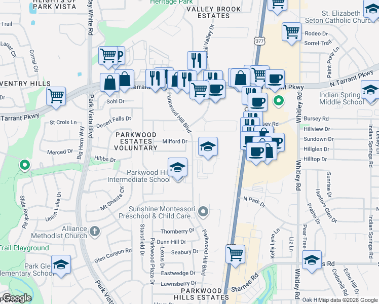 map of restaurants, bars, coffee shops, grocery stores, and more near 5533 Bandelier Trail in Fort Worth