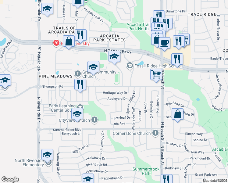 map of restaurants, bars, coffee shops, grocery stores, and more near 4137 Heritage Way Drive in Fort Worth