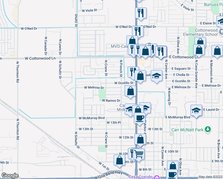 map of restaurants, bars, coffee shops, grocery stores, and more near 529 West Melrose Drive in Casa Grande