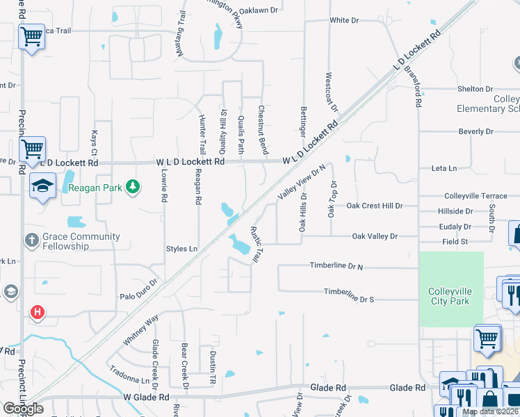map of restaurants, bars, coffee shops, grocery stores, and more near 5517 Rustic Trail in Colleyville