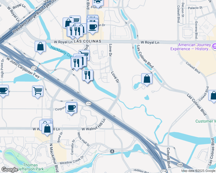 map of restaurants, bars, coffee shops, grocery stores, and more near 6103 Love Drive in Irving