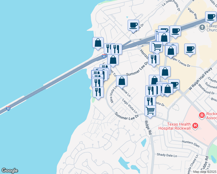 map of restaurants, bars, coffee shops, grocery stores, and more near 2125 Summer Lee Drive in Rockwall