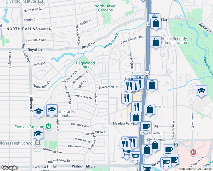 map of restaurants, bars, coffee shops, grocery stores, and more near 7618 Pebblestone Drive in Dallas