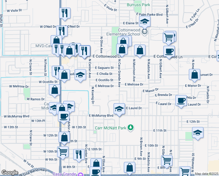 map of restaurants, bars, coffee shops, grocery stores, and more near 399 Paseo Paloma Circle in Casa Grande