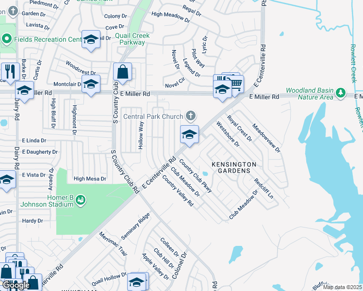 map of restaurants, bars, coffee shops, grocery stores, and more near 1639 East Centerville Road in Garland