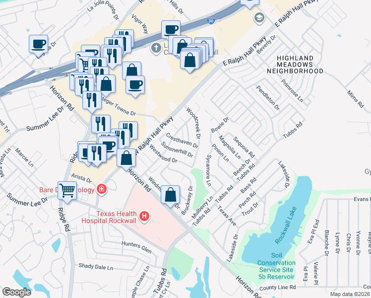 map of restaurants, bars, coffee shops, grocery stores, and more near 154 Summerhill Drive in Rockwall