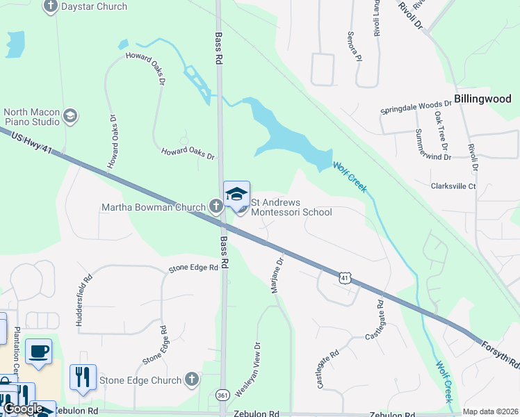 map of restaurants, bars, coffee shops, grocery stores, and more near 140 North Wellington in Macon