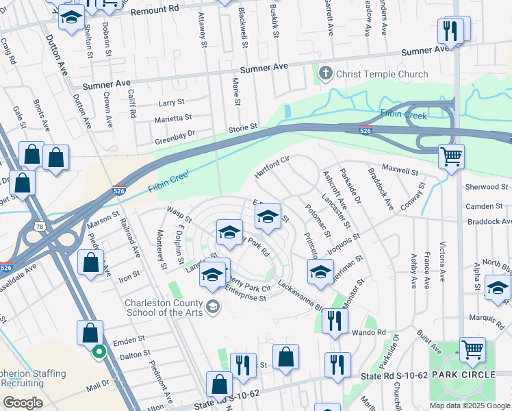 map of restaurants, bars, coffee shops, grocery stores, and more near 5268 East Dolphin Street in North Charleston