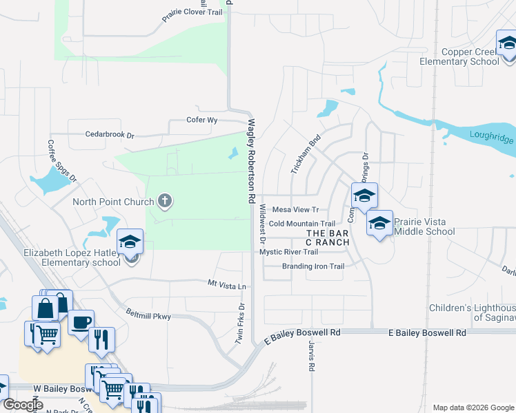 map of restaurants, bars, coffee shops, grocery stores, and more near 8217 Wildwest Drive in Fort Worth