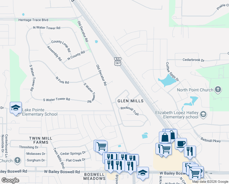 map of restaurants, bars, coffee shops, grocery stores, and more near 9300 Old Decatur Road in Fort Worth