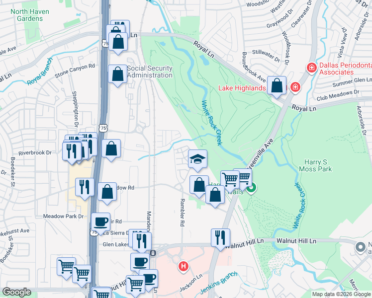 map of restaurants, bars, coffee shops, grocery stores, and more near 8278 Nunley Lane in Dallas