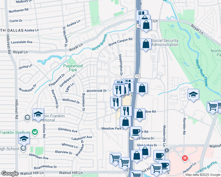 map of restaurants, bars, coffee shops, grocery stores, and more near 7879 Riverfall Drive in Dallas