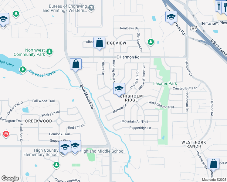 map of restaurants, bars, coffee shops, grocery stores, and more near 1101 Lindstrom Drive in Fort Worth