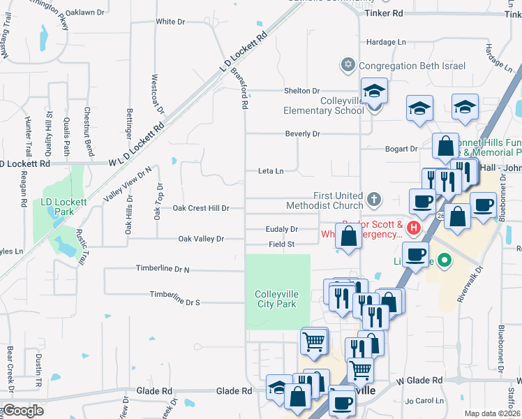 map of restaurants, bars, coffee shops, grocery stores, and more near 504 Hillside Drive in Colleyville