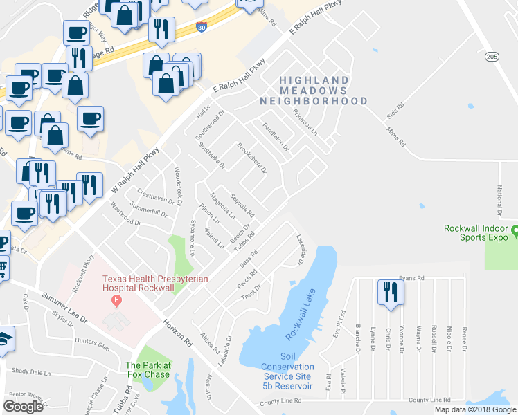 map of restaurants, bars, coffee shops, grocery stores, and more near 217 Dartmouth Drive in Rockwall