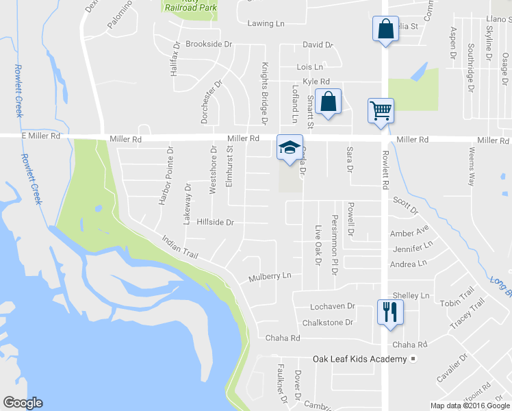 map of restaurants, bars, coffee shops, grocery stores, and more near 2405 Elmhurst Court in Rowlett