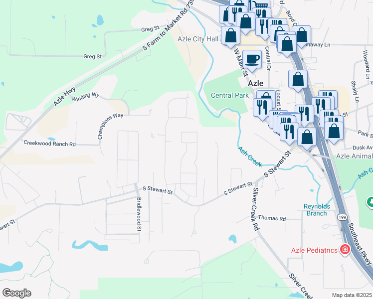 map of restaurants, bars, coffee shops, grocery stores, and more near 208 Turpin Drive in Azle
