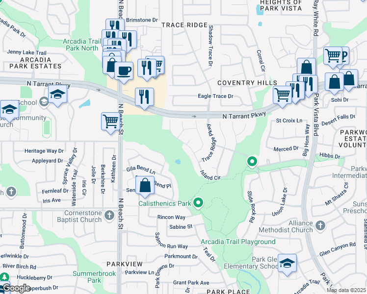 map of restaurants, bars, coffee shops, grocery stores, and more near 8341 Island Circle in Fort Worth